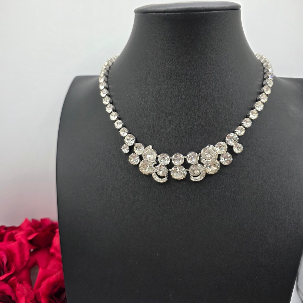 Eisenberg Ice Vintage Rhinestone Collar Necklace Silver Tone Clear Crystal Bib